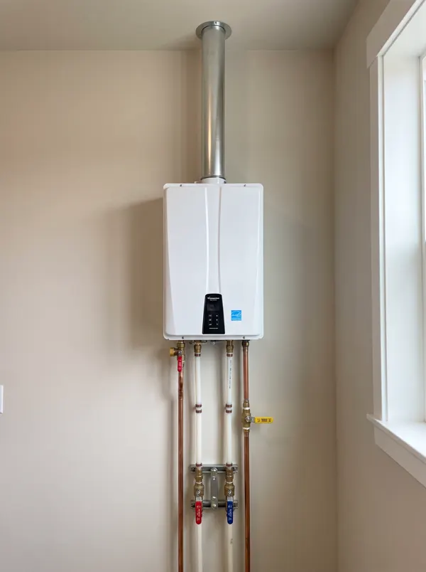 A tankless water heater installed on a wall with neat copper and PEX lines